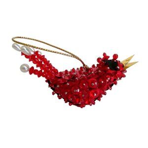 Cardinal Bird Beaded Sequin Christmas Ornament - Vintage Holiday Handmade Gift -